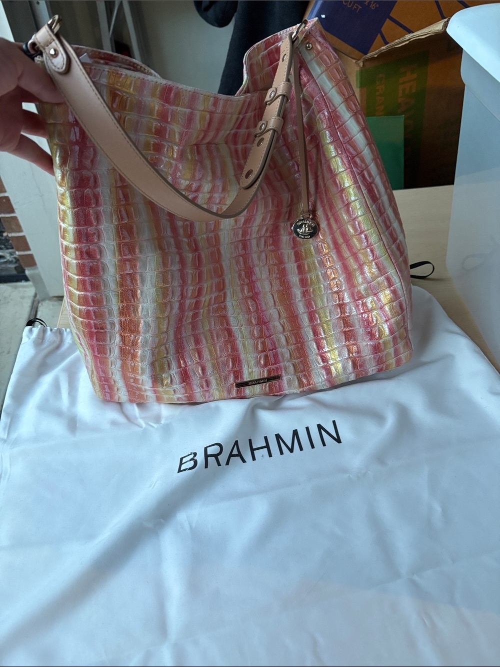 Brahmin Pink, Gold & Cream Croc-Embossed Shoulder Hobo